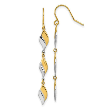 14K Two-tone Polished Wavy Drop Dangle Earrings w/ Shepherd Hook