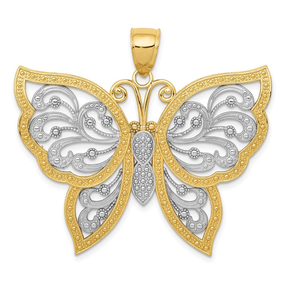 14k Yellow Gold w Rhodium Diamond-cut Butterfly Pendant