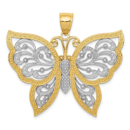 14k Yellow Gold w Rhodium Diamond-cut Butterfly Pendant