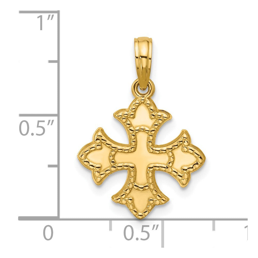 14k Yellow Gold Polished Beaded Fleur de Lis Cross Pendant for Women