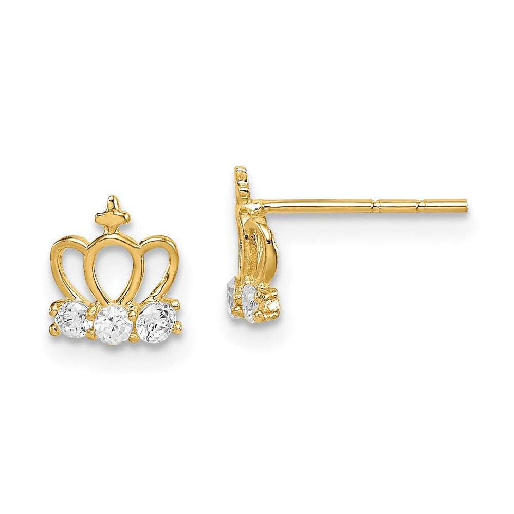 14k Yellow Gold Cubic Zirconia Crown Stud Earrings Gift for Women