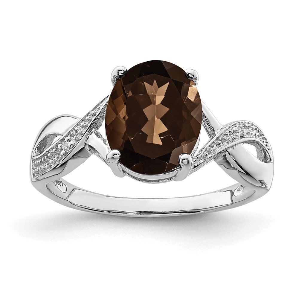 Sterling Silver Rhodium Smoky Quartz & Diamond Ring Size 7