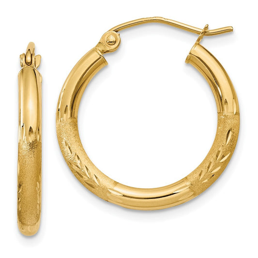 14k Yellow Gold Satin and Diamond-cut 2.5mm Round Hoop Earrings Gift for Women