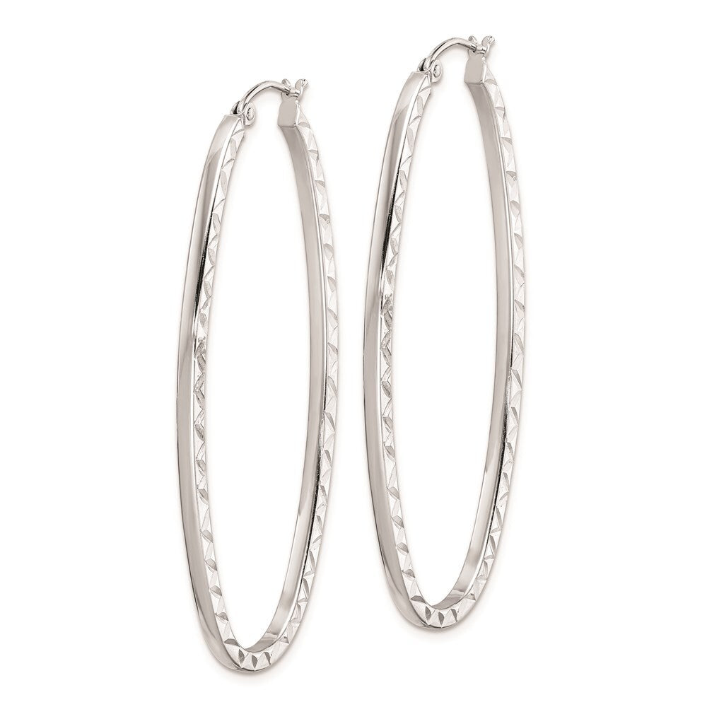 Sterling Silver Rhodium-plated Diamond-cut 2mm Oval Hoop Earrings