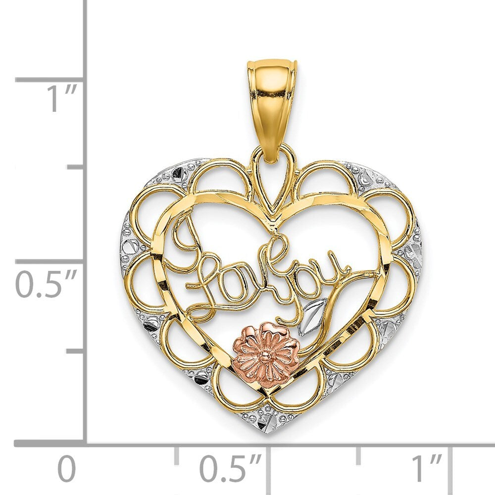 14k Two-tone Gold Two-one White Rhodium I LOVE YOU Heart  Flower Charm Pendant