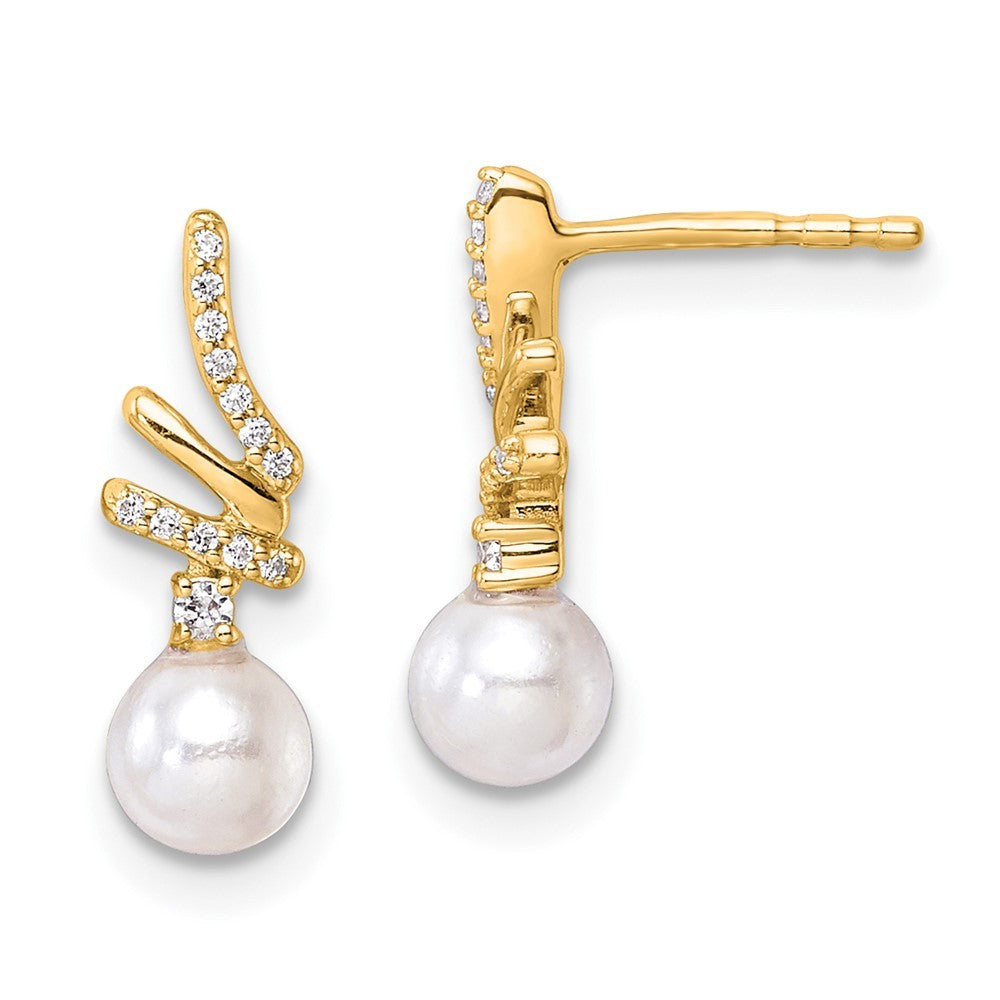 14k Yellow Gold Polished Diamond and Pearl Drop Earrings