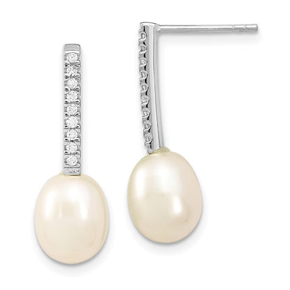 Sterling Silver 8-9mm Rice Cultured Pearl & Cubic Zirconia Post Dangle Earrings