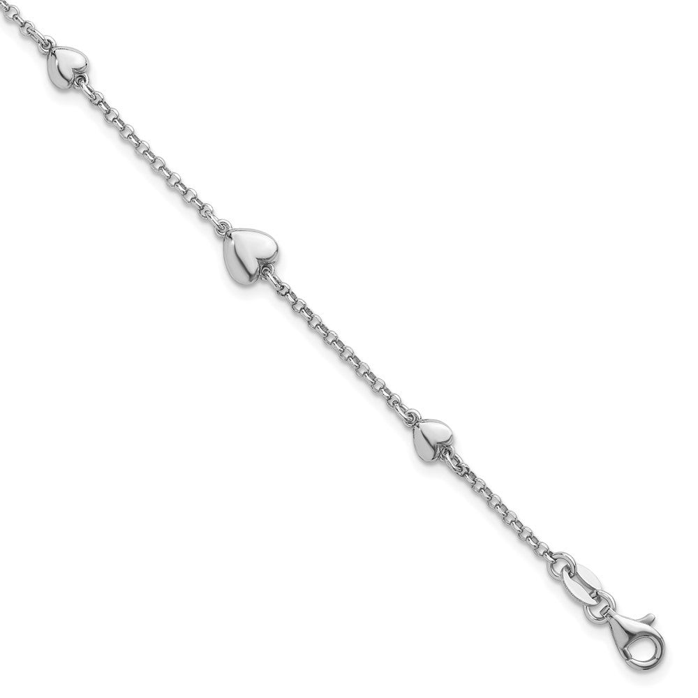 Sterling Silver Rhodium-plated  Five Puffed Hearts 7" with 1" Extender Bracelet