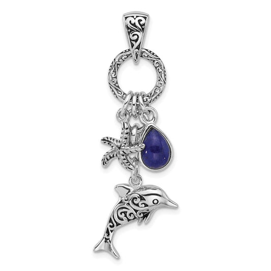 Sterling Silver Antiqued Lapis Lazuli Dolphin and Starfish Pendant
