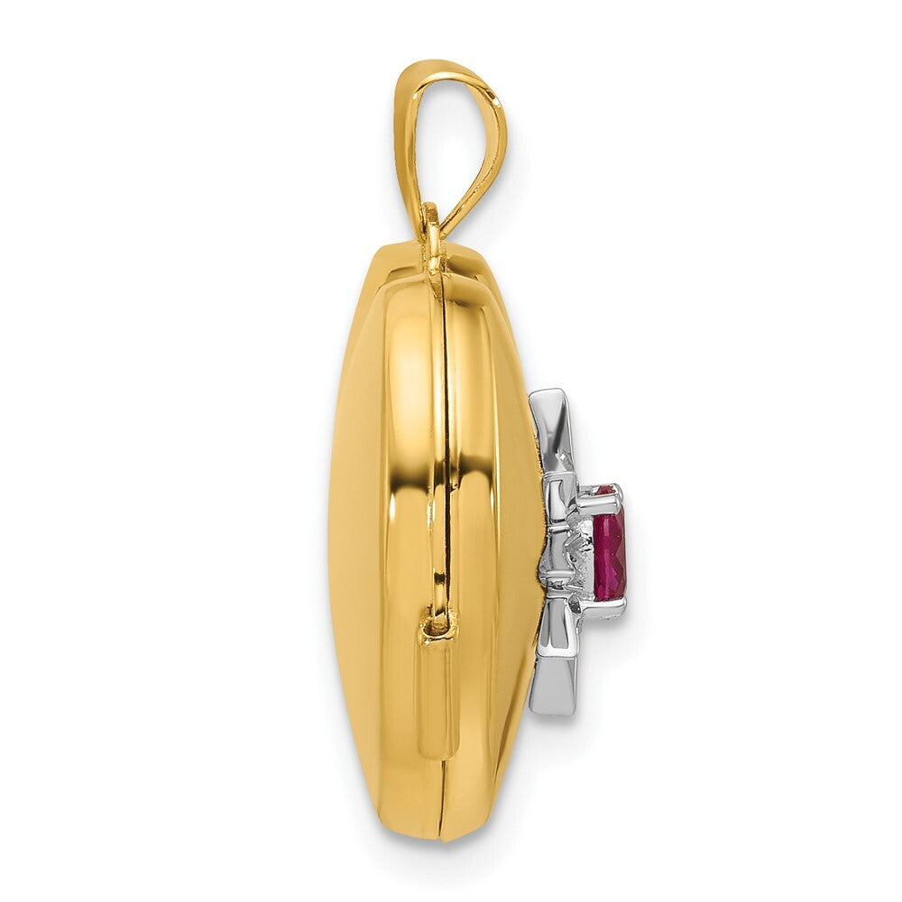 14k Yellow Gold White Rhodium Polished Lab Created Ruby 18mm Heart Locket