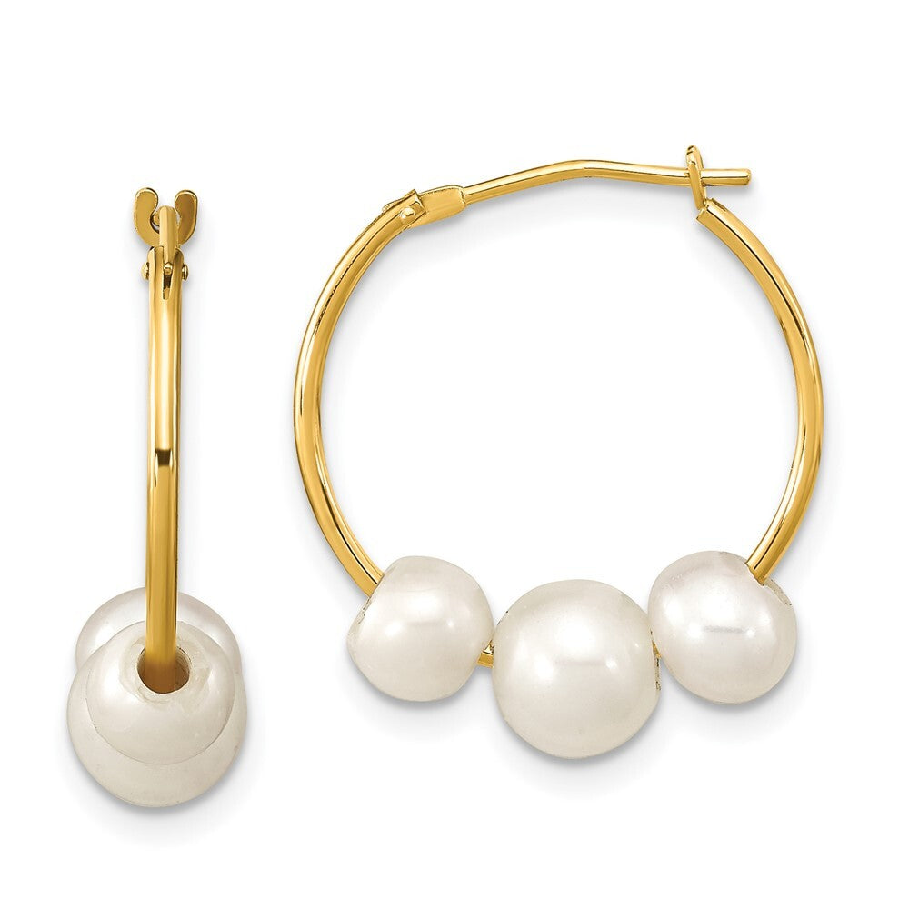 14k Yellow Gold 5-7mm White Round Freshwater Cultured 3-Pearl Hoop Earrings