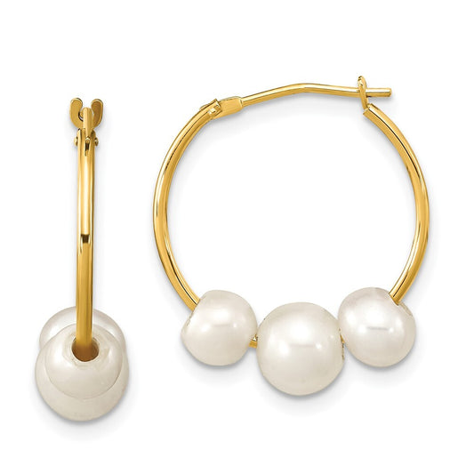 14k Yellow Gold 5-7mm White Round Freshwater Cultured 3-Pearl Hoop Earrings