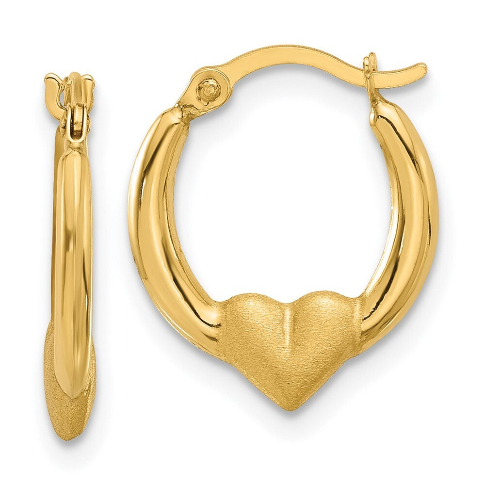14k Yellow Gold Polished and Satin Heart Hoop Earrings Gift for Women