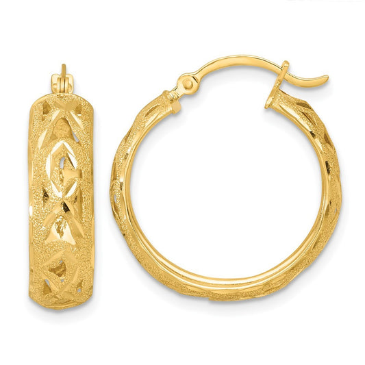 14k Yellow Gold Polished Laser and Diamond-cut 6.15x21mm Fancy Hoop Earrings