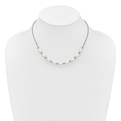 Sterling Silver Polished Beaded 7-8mm Cultured Rice Pearl Necklace 16+2"