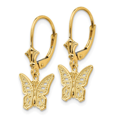 14k Yellow Gold Butterfly Drop Dangle Earrings