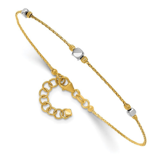 14K Two-Tone  Diamond-cut Round and Square Beaded 7" Bracelet with 1" Ext