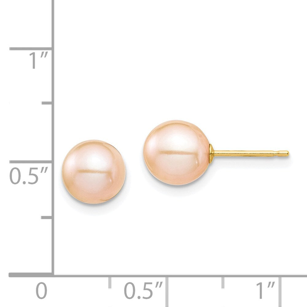 14k Yellow Gold 7-8mm Pink Round Freshwater Cultured Pearl Stud Earrings
