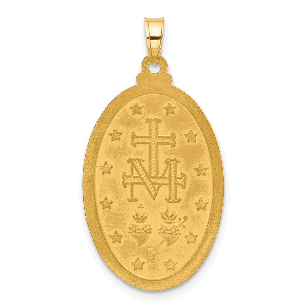 14k Yellow Gold Satin and Polished Miraculous Medal Solid Oval Pendant