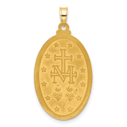 14k Yellow Gold Satin and Polished Miraculous Medal Solid Oval Pendant