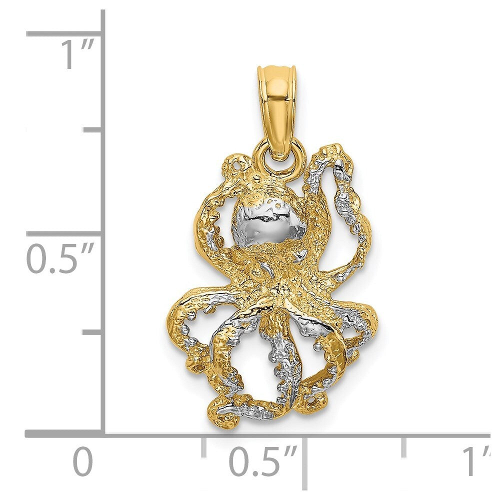14k Yellow Gold with White Rhodium Textured Octopus Charm Pendant for Women