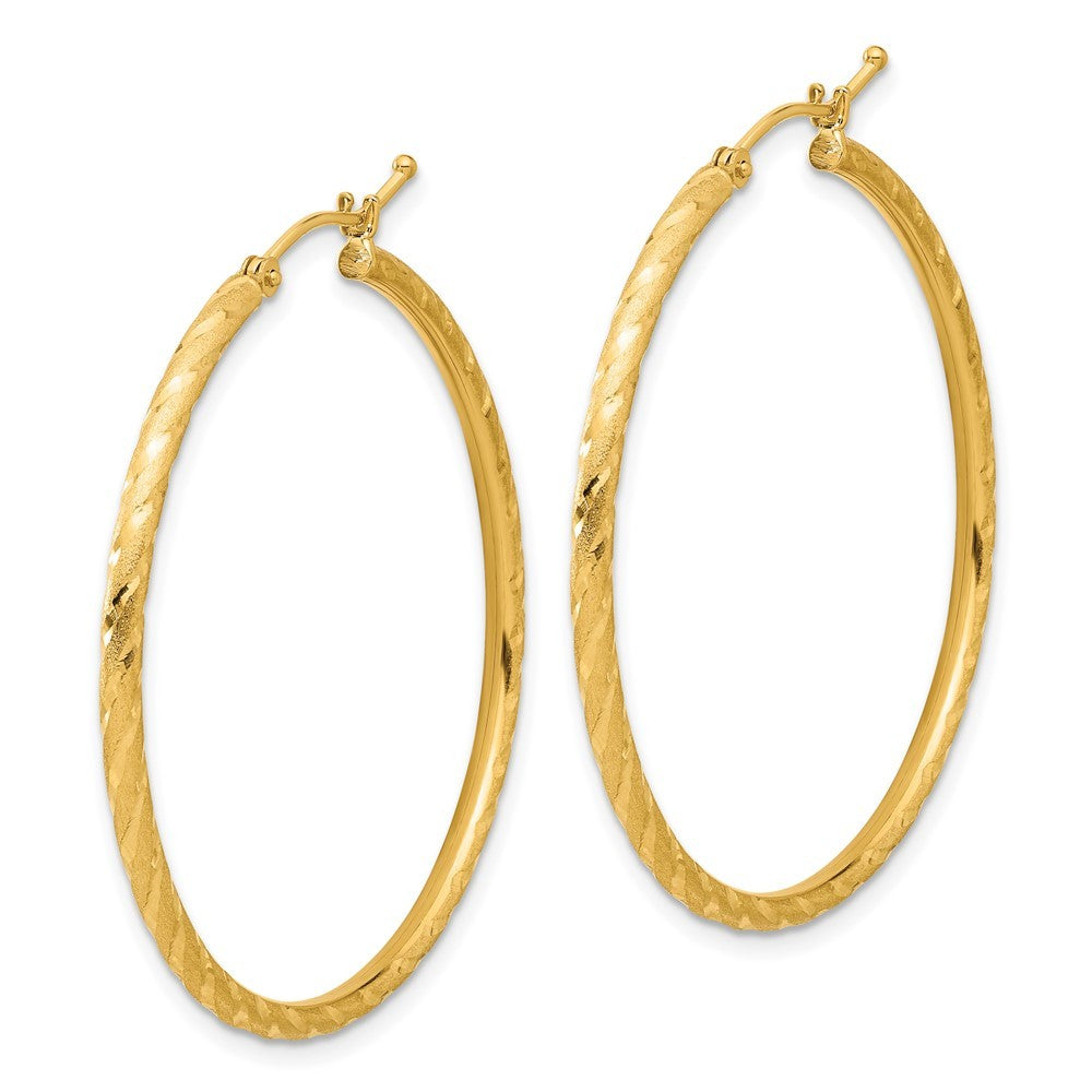 14k Yellow Gold Polished and Satin Diamond-Cut 2mm Hoop Earrings