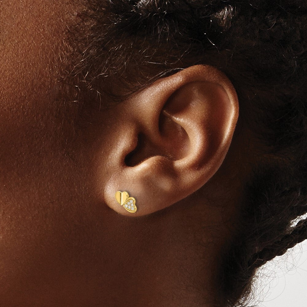 14k Yellow Gold Polished Cubic Zirconia Double Hearts Stud Earrings