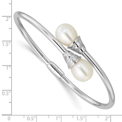 Sterling Silver Rhodium-plated 8-10mm Teardrop Cultured Pearl & CZ Hinged Bangle