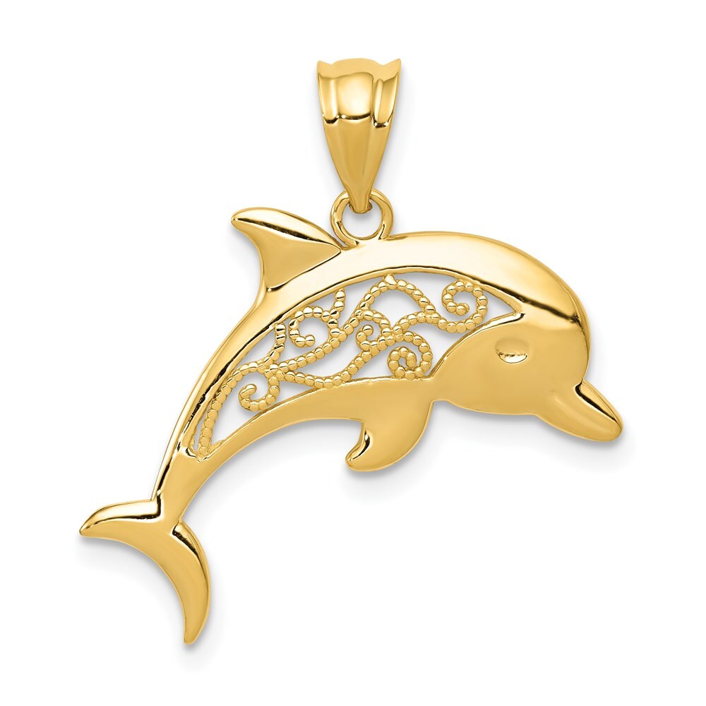 14k Yellow Gold Filigree Dolphin Pendant for Women
