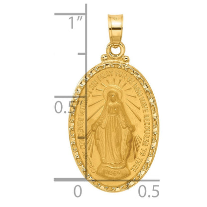 14k Yellow Gold Satin and Polished Miraculous Medal Oval Solid Pendant for Women