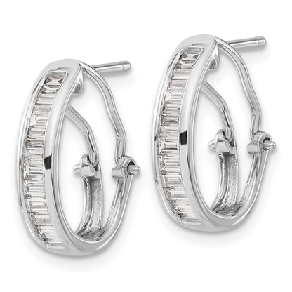 14k White Gold Baguette Diamond Omega Back Hoop Earrings