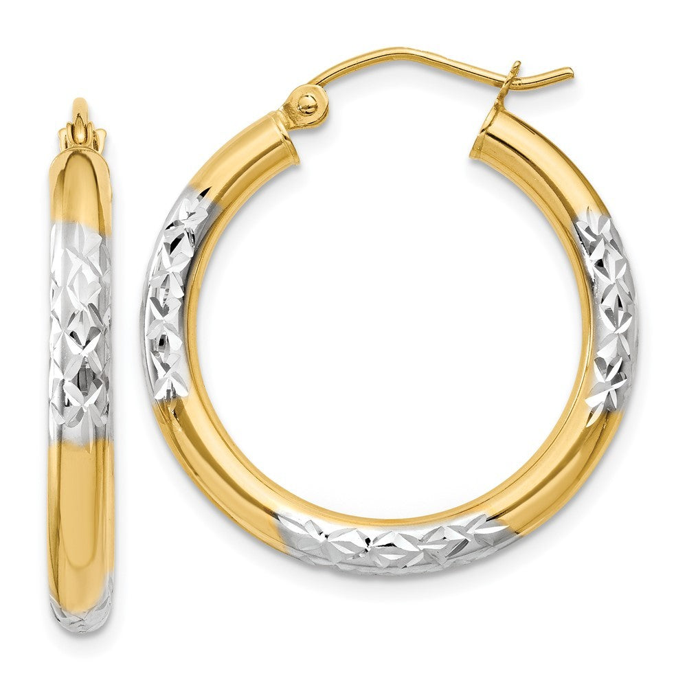 14k Yellow Gold and Rhodium Diamond-cut 3x25mm Hoop Earrings