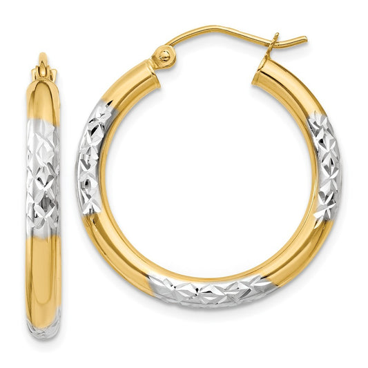 14k Yellow Gold and Rhodium Diamond-cut 3x25mm Hoop Earrings