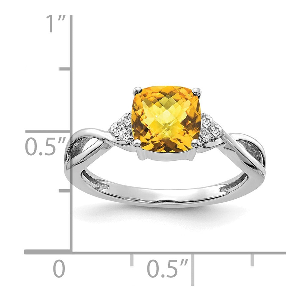 14K White Gold Checkerboard Citrine and Diamond Ring Size 7