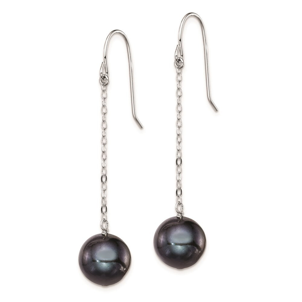 Sterling Silver 9-10mm Black Round Freshwater Cultured Pearl Dangle Earrings