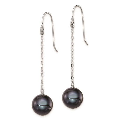 Sterling Silver 9-10mm Black Round Freshwater Cultured Pearl Dangle Earrings