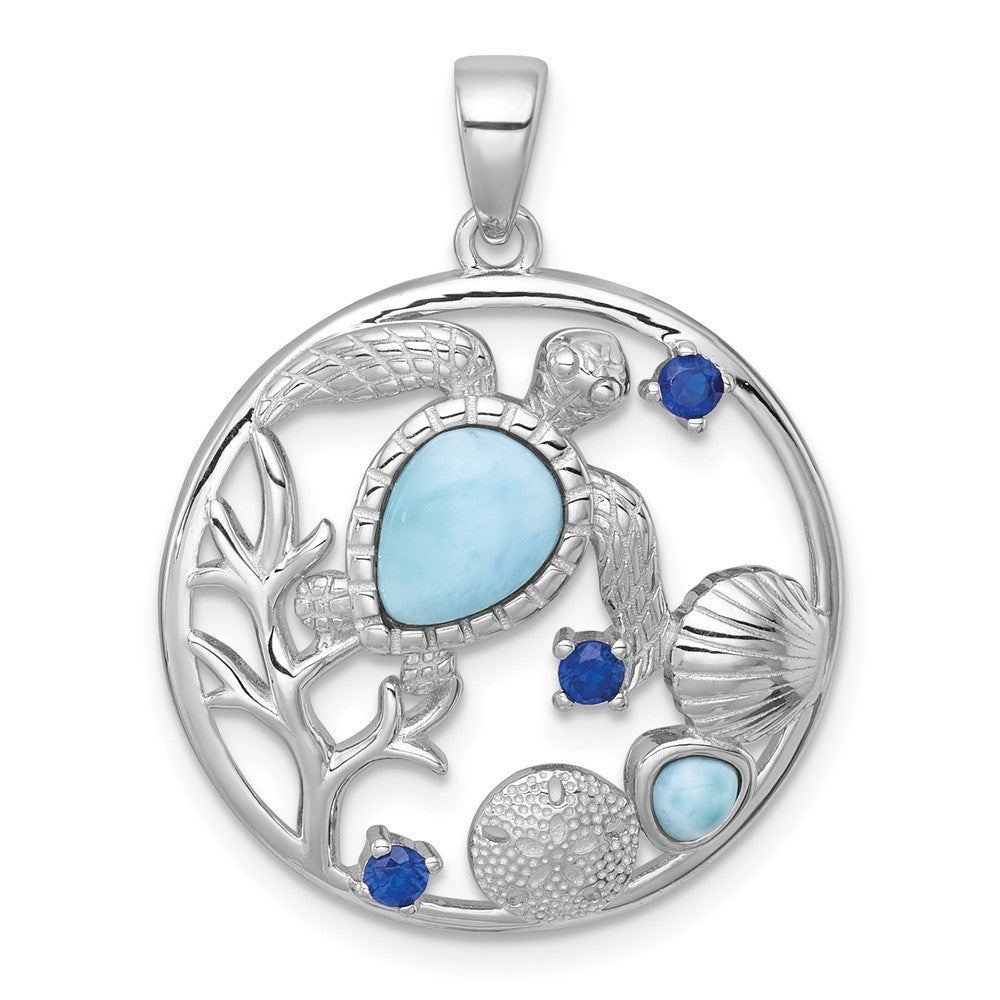 Sterling Silver Polished and Textured Larimar and Blue CZ Sealife Pendant
