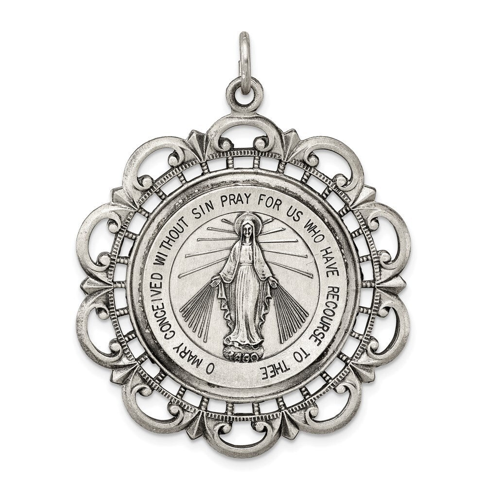 Sterling Silver Antiqued Miraculous Medal Pendant Holiday Gift for Women
