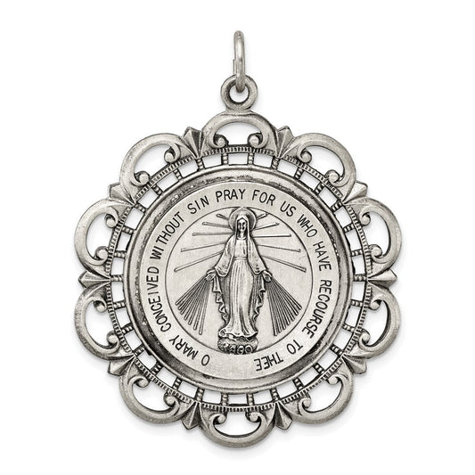 Sterling Silver Antiqued Miraculous Medal Pendant Holiday Gift for Women