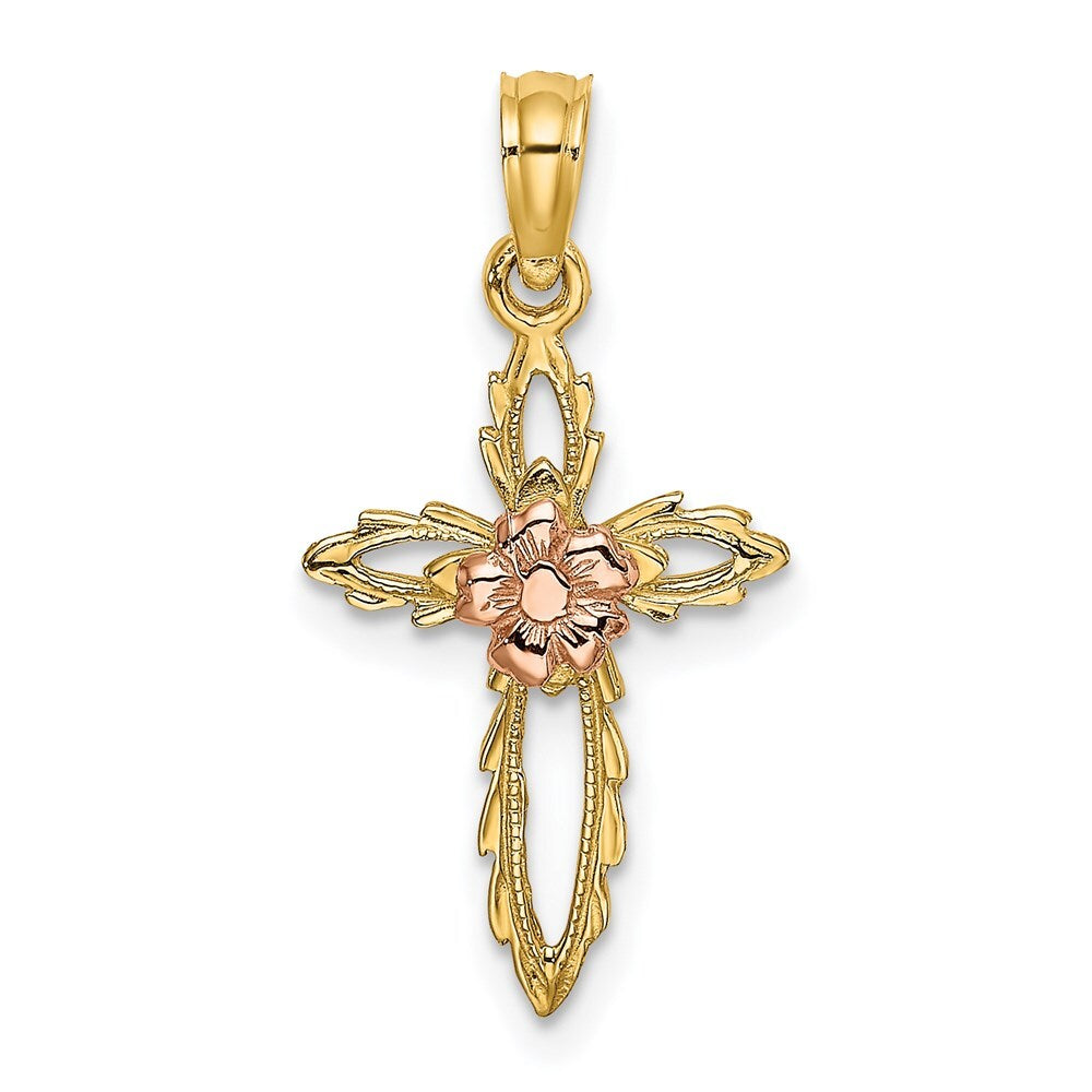 14k Two-tone Gold Cut-Out Cross  Flower Charm Pendant for Women