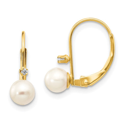 14k Yellow Gold 5-6mm Cultured Pearl & .02 Carat Diamond Leverback Earrings