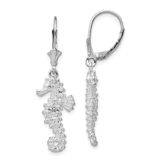Sterling Silver Rhodium-Plated Polished 3D Seahorse Leverback Earrings