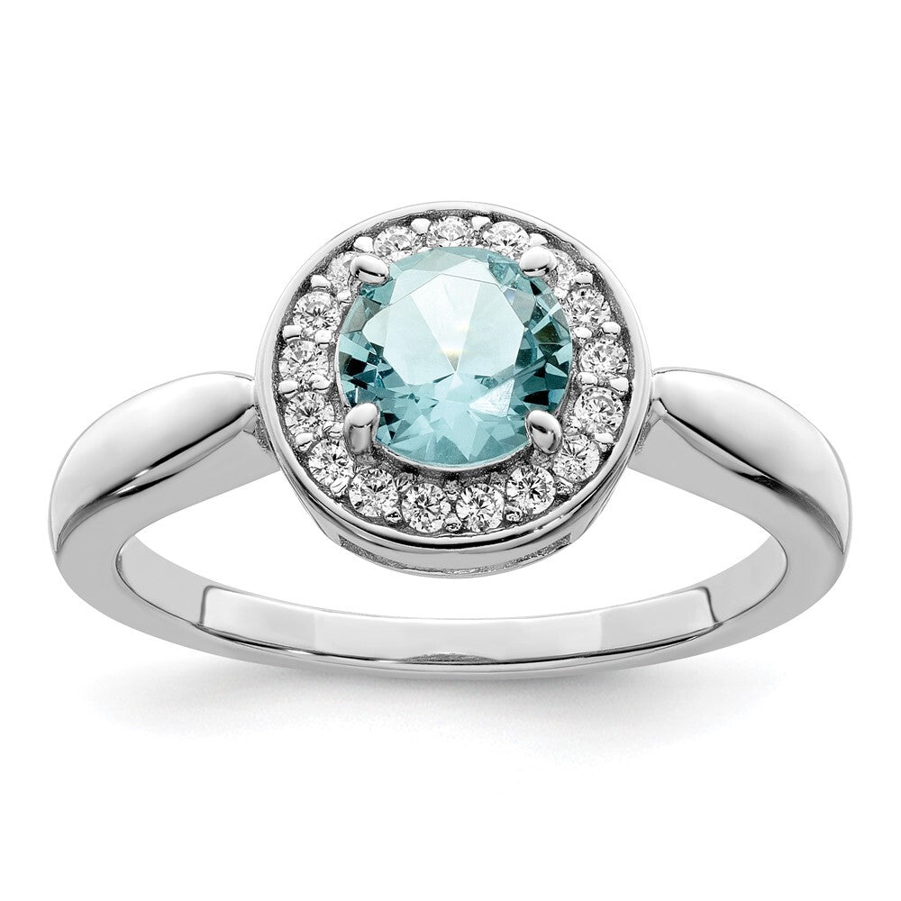 Sterling Silver Rhodium-plated CZ and Light Blue Glass Stone Ring Size 6