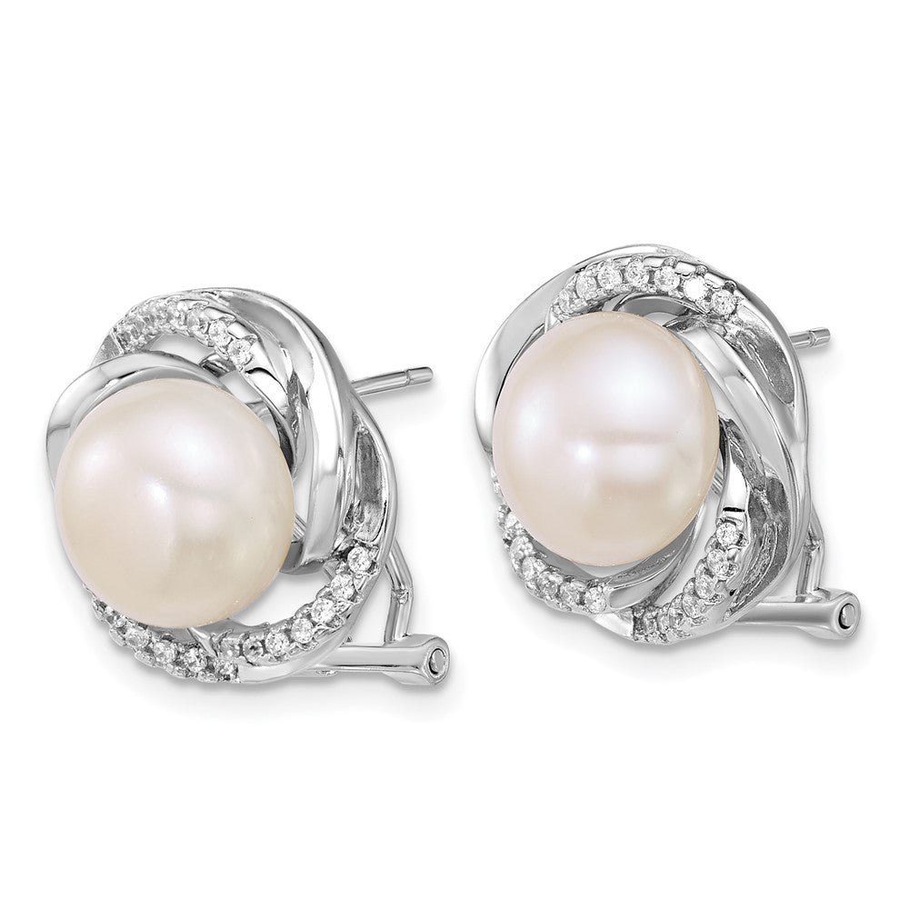 Sterling Silver 9-10mm Freshwater Cultured Pearl and CZ Omega Back Earrings
