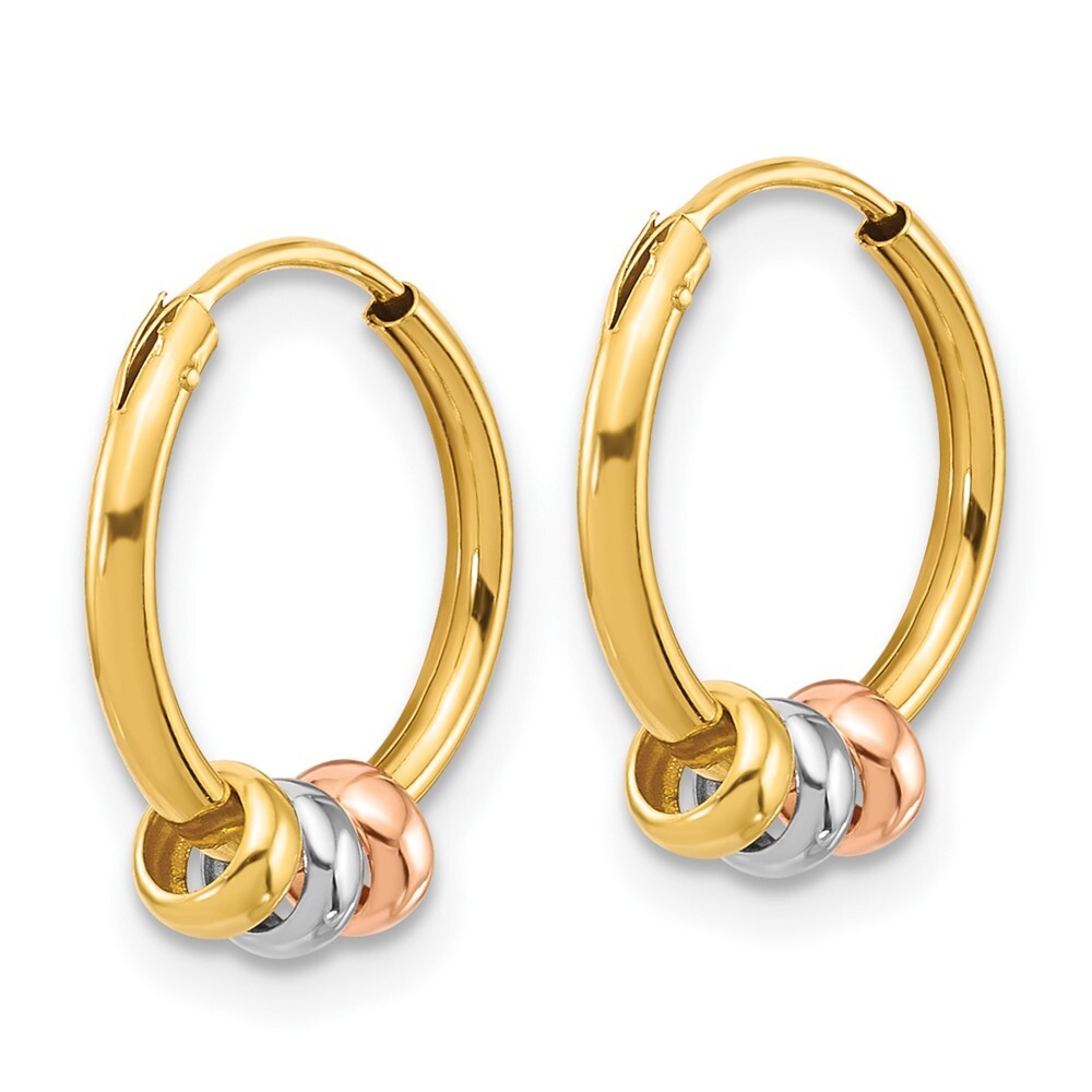 14k Yellow Gold with Rose-tone and Rhodium Polished 3-Bead Endless Hoop Earrings