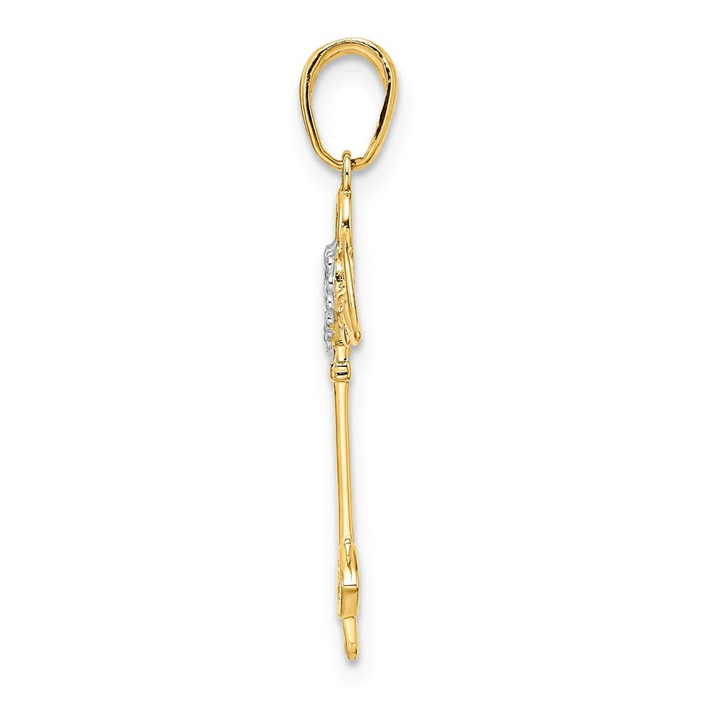 14k Yellow Gold and White Rhodium Diamond-Cut Heart Angel Wings Key Pendant