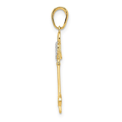 14k Yellow Gold and White Rhodium Diamond-Cut Heart Angel Wings Key Pendant