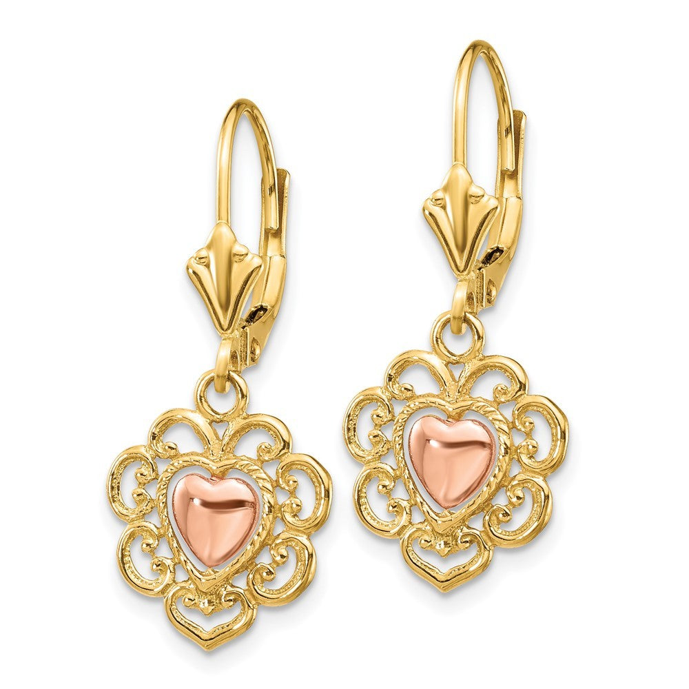 14K Two-tone Heart with Lace Trim Drop Dangle Earrings