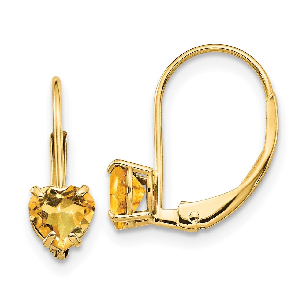 14k Yellow Gold 5mm Heart Citrine Dangle Earrings Leverback Gift for Women