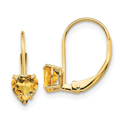 14k Yellow Gold 5mm Heart Citrine Dangle Earrings Leverback Gift for Women